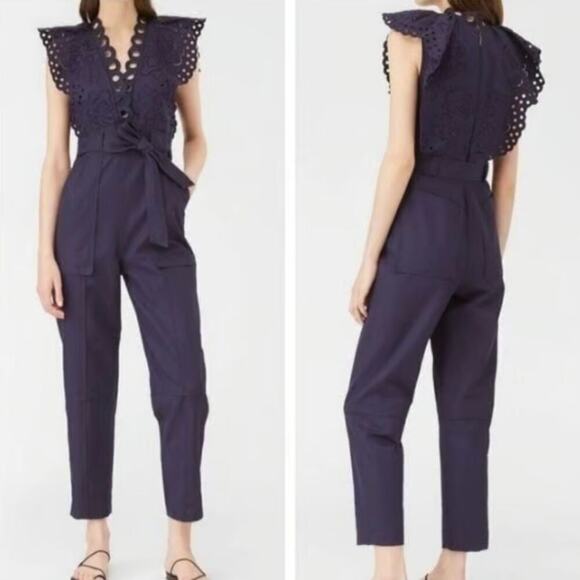 Rebecca Taylor Jumpsuit Eyelet Flutter Sleeve Navy Indigo Blue Size 8 - Picture 1 of 12